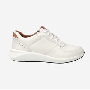Clarks White Leather Sneaker with Tan Heel Accent